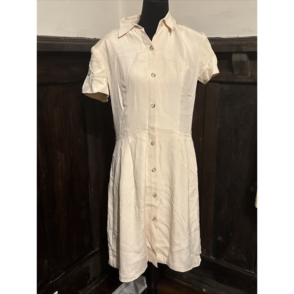 Vintage Patrick Collection 100% Silk Shirt Dress Cream Midi Size 14 80s